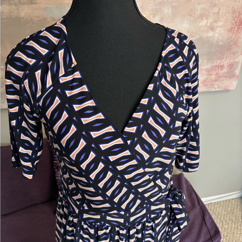Evan Picone Black and White Sheath Midi Dress with V-Neck Faux‎ Wrap Dress S6 - Picture 4 of 10